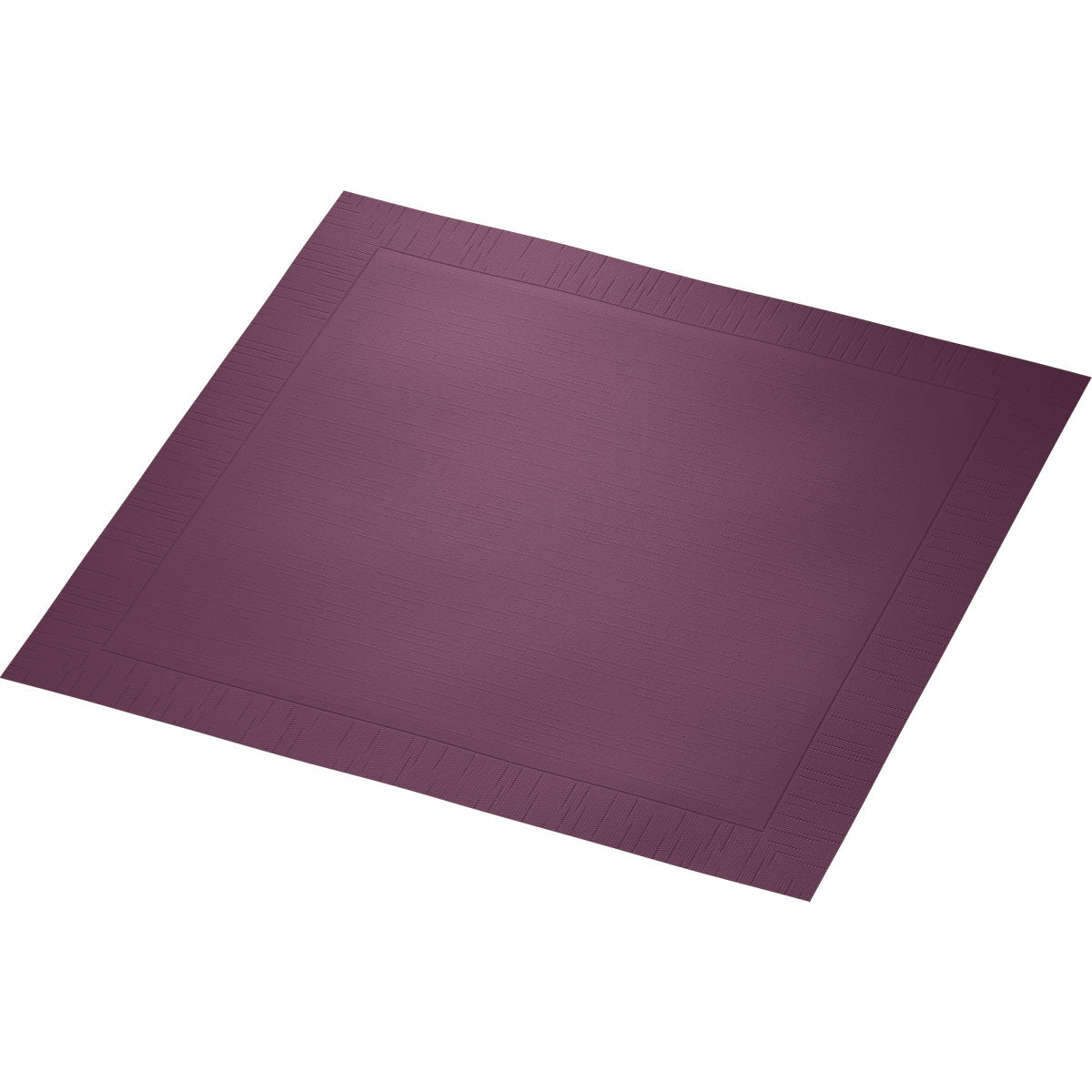 Η πετσέτα Duni GmbH Klassikservietten 40 x 40 cm 4 στρώσεων, ανάγλυφη 1/4 Falz είναι ένα τετράγωνο μοβ τραπεζομάντηλο με δομημένη άκρη και λείο κέντρο, ιδανικό για ένα κομψά στρωμένο τραπέζι. Φωτογραφημένο σε λευκό φόντο.