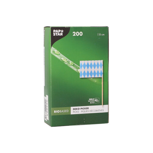 Ένα πράσινο κουτί της PAPSTAR GmbH με την επιγραφή «PAPSTAR 200 διακοσμητικός οδοντογλυφίδας 8 cm» περιέχει βιολογικούς οδοντογλυφίδες, κάθε μία με γαλάζια-λευκή ρόμβη σημαία – τέλεια για την παρουσίαση fingerfood. Η συσκευασία περιλαμβάνει πολυγλωσσικές λεπτομέρειες προϊόντος.
