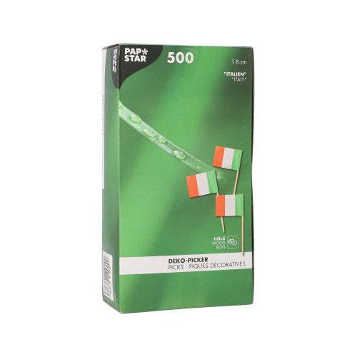 Ένα λευκό κουτί με την επιγραφή «PAPSTAR 500 Deko-Picker 8 cm weiss» της PAPSTAR GmbH περιέχει φιλικά προς το περιβάλλον Deko-Picker για κομψές παρουσιάσεις. Στην μπροστινή πλευρά απεικονίζονται διάφορα Deko-Picker και ένα πολυγλωσσικό κείμενο.