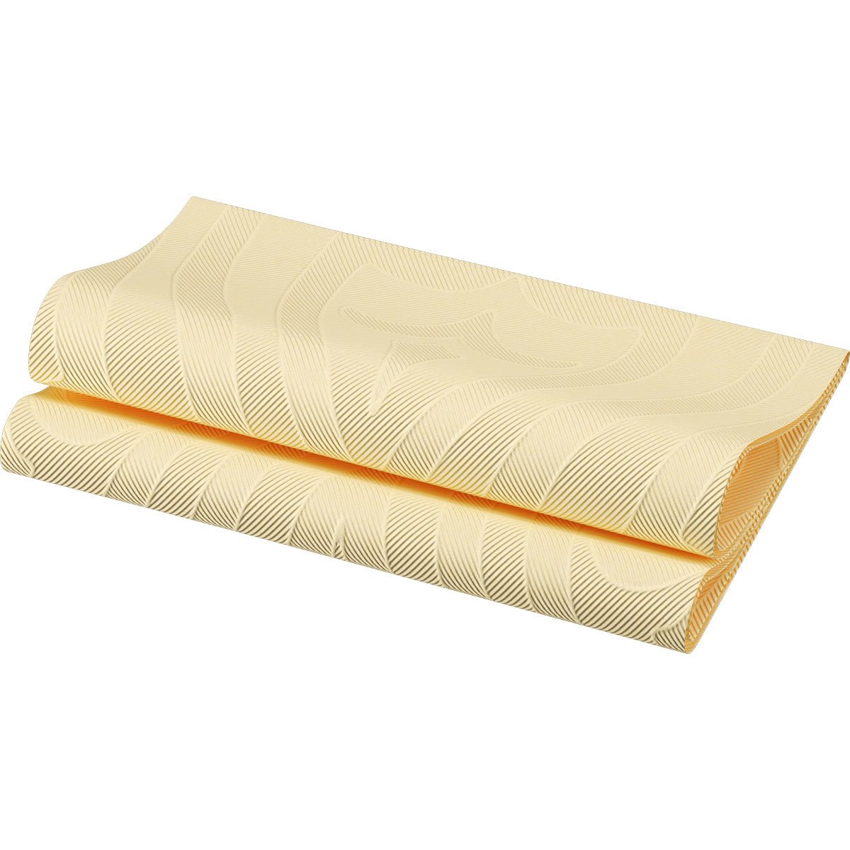 Μια διπλωμένη χαρτοπετσέτα Duni GmbH Elegance 40x40 cm, Lily Cream με ένα διακριτικό κυματιστό μοτίβο απεικονίζεται σε λευκό φόντο.