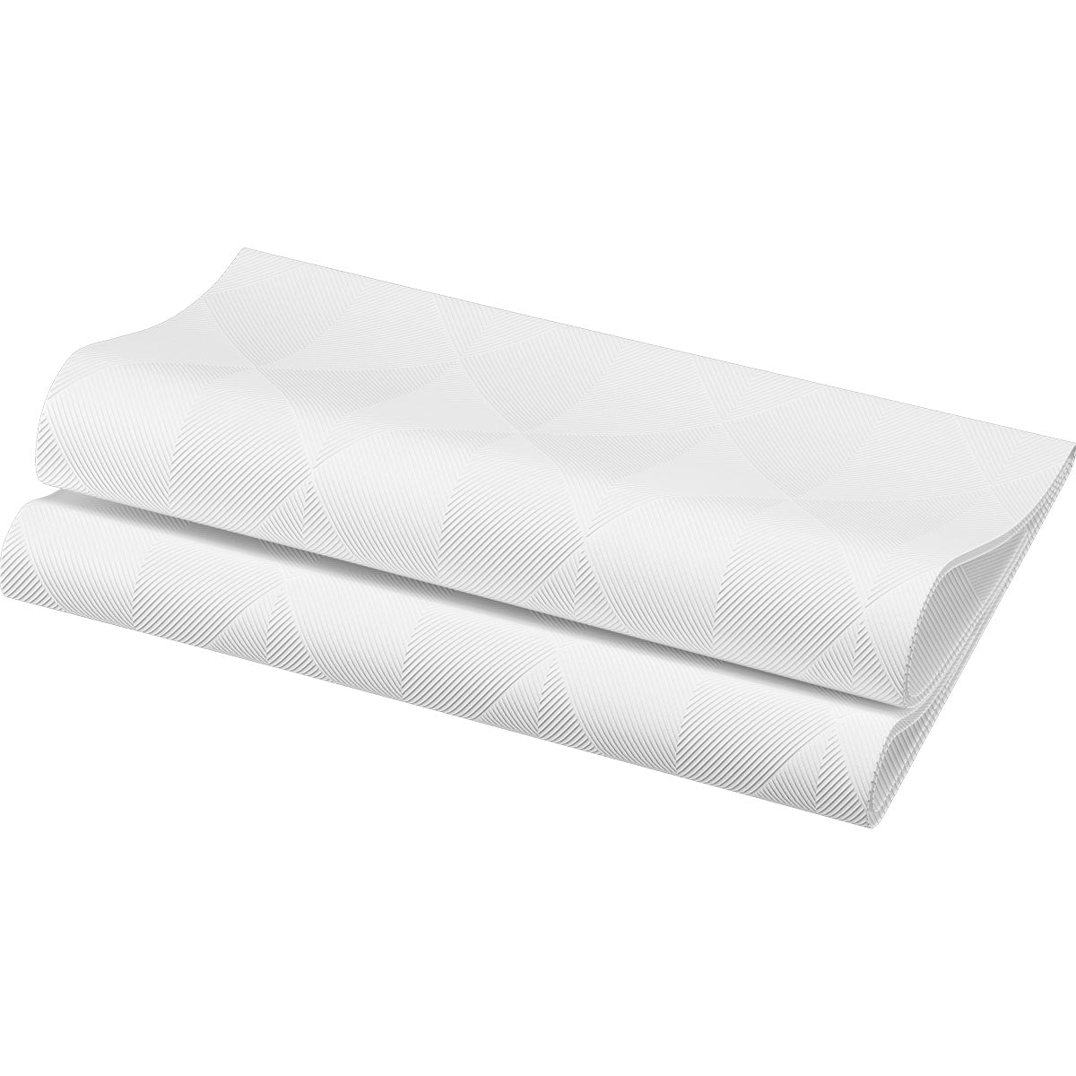 Η χαρτοπετσέτα Elegance μεγέθους 40x40 cm σε Crystal White από την Duni GmbH δείχνει ένα διακριτικό γεωμετρικό μοτίβο σε ένα απλό λευκό φόντο. Η συσκευασία περιλαμβάνει 40 υψηλής ποιότητας χαρτοπετσέτες, ιδανικές για μια κομψή διακόσμηση τραπεζιού.