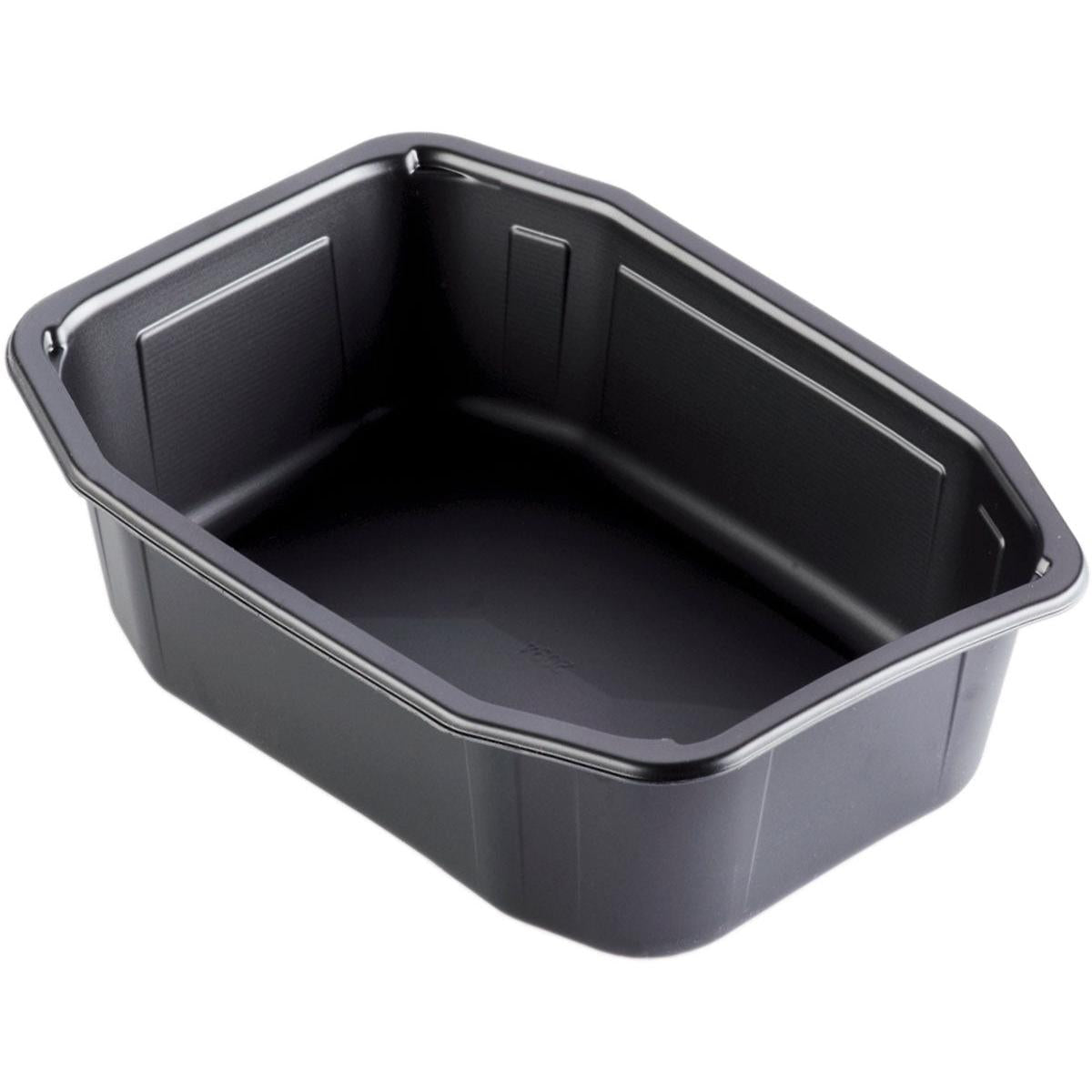 Η PP-Schale HMR Schwarz PP 215x148 της Duni GmbH είναι ένα μαύρο, ορθογώνιο, επαναχρησιμοποιήσιμο μπολ από πολυπροπυλένιο με ελαφρώς κεκλιμένες πλευρές και στρογγυλεμένες γωνίες, απεικονίζεται κενό σε λευκό φόντο.