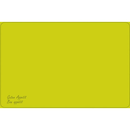 Το Dunicel-Tischset της Duni GmbH (Vesca Norm) 33 x 48 cm παρουσιάζει ένα απλό κίτρινο ορθογώνιο με λεπτό μαύρο περίγραμμα, στρογγυλεμένες γωνίες και "Guten Appetit" και "Bon appétit" με καλλιγραφία κάτω αριστερά· το υπόλοιπο είναι κενό.