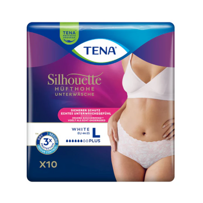 Μια συσκευασία TENA Silhouette Plus White Inkontinenzpants, μέγεθος L, από την TENA – Essity Germany GmbH, δείχνει μια γυναίκα που παρουσιάζει το προϊόν. Η μωβ-μπλε συσκευασία στη γερμανική γλώσσα υποδεικνύει προστασία από την αδυναμία της ουροδόχου κύστης και περιέχει 10 τεμάχια.