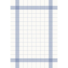 Das Duni GmbH Tisch-Tuch 38x54 cm, blau hat einen weißen Hintergrund mit einem blau karierten Rand und einem Gittermuster. Diese hochwertige Tafel-Serviette wird in einer Packung mit 250 Stück geliefert und bietet gleichmäßig verteilte, symmetrische Gestaltungselemente.