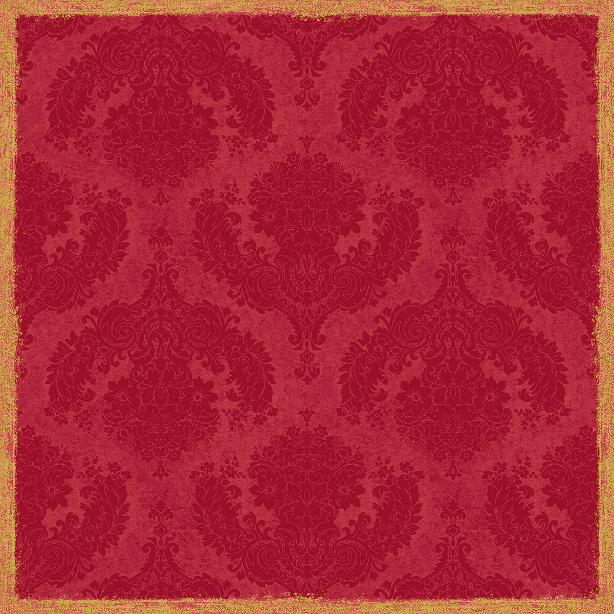 Die Dunicel Mitteldecke 84x84 cm Royal Bordeaux von Duni GmbH zeigt ein florales Muster im Vintage-Bordeaux-Damast mit einer Goldbordüre im Used-Look - perfekt für eine elegante Tischdekoration. Packung mit 20 Stück.