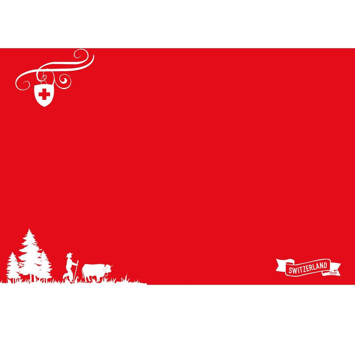Μια κόκκινη-λευκή γραφική παράσταση με μια ελβετική σημαία, μια φιγούρα με αγελάδα και δέντρα καθώς και μια κορδέλα "Ελβετία" - ιδανική για σετ τραπεζιού Dunicel 30 x 40 cm Ελβετία | Συσκευασία (100 τεμάχια) από την Duni GmbH.
