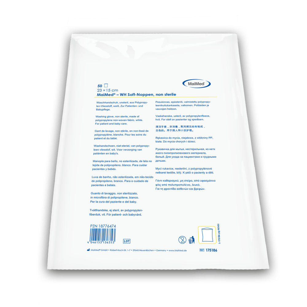 Γάντια πλυσίματος MaiMed μαλακά μπουζόνια, μη αποστειρωμένα λευκά, από φλις, 50 τεμάχια/πολυσάκος | Συσκευασία (50 τεμάχια)