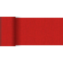 Eine Rolle roter Dunicel-Tischläufer (20 m x 15 cm) der Duni GmbH zeichnet sich durch ein dezentes, sich kreuzendes Linienmuster und eine strukturierte Optik aus, wobei der linke Rand leicht aufgerollt ist - perfekt für eine stilvolle Tischdekoration.