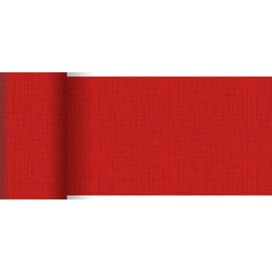 Eine Rolle roter Dunicel-Tischläufer (20 m x 15 cm) der Duni GmbH zeichnet sich durch ein dezentes, sich kreuzendes Linienmuster und eine strukturierte Optik aus, wobei der linke Rand leicht aufgerollt ist - perfekt für eine stilvolle Tischdekoration.