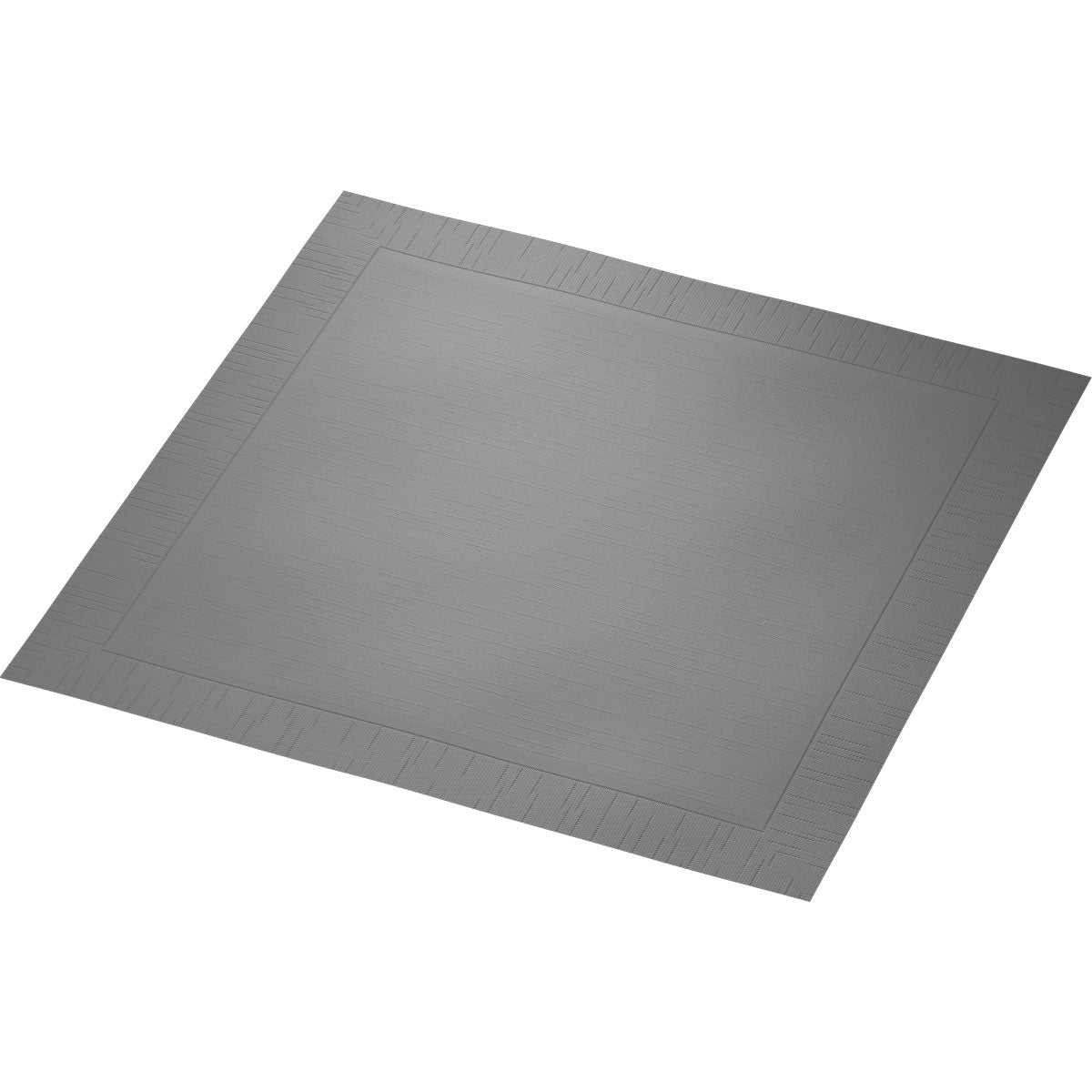 Η πετσέτα Klassikservietten 40 x 40 cm 4 στρώσεων, ανάγλυφη 1/4 Falz της Duni GmbH είναι μια γκρι, ελαφρώς δομημένη, ορθογώνια πετσέτα με διακριτική άκρη, απεικονίζεται σε λευκό φόντο.