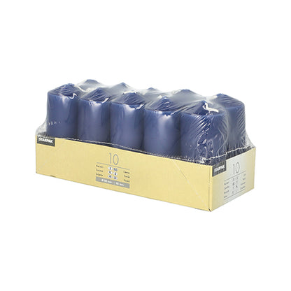 Ένα πακέτο με δέκα κεριά Starpak Stumpenkerzen (Ø 40 mm, 90 mm), διατεταγμένα σε δύο σειρές, τυλιγμένα σε διαφανή μεμβράνη και τοποθετημένα σε ανοιχτό καφέ δίσκο με πληροφορίες προϊόντος – ιδανικό για γάμους ή άνετη ατμόσφαιρα.