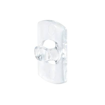 Die Command™ Dekorations-Clips der 3M Deutschland GmbH sind transparente, rechteckige Wandhaken mit einem zentralen, abgerundeten Zapfen und zwei Befestigungslöchern, abgebildet auf weißem Hintergrund, und enthalten transparente Streifen für eine einfache Anbringung.