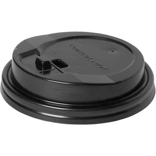 Ein schwarzer Deckel für 181836 Schwarz PS von Duni GmbH (Packung 40 Stück) mit erhabenem Ausguss, Warnhinweis "INHALT HEISS" und Entlüftungsloch ist auf weißem Hintergrund abgebildet - ideal als Gastronomie-Behälterdeckel.