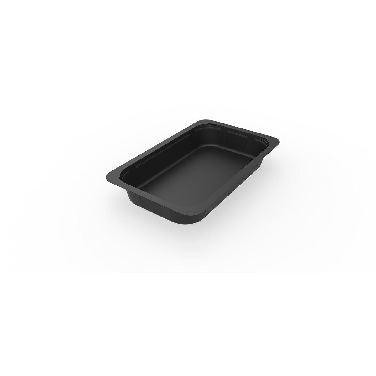 Μια μαύρη 1/4 GN πιατέλα μενού 1 της Duni GmbH (Μαύρο PP, 265x162x40 mm) με ανάγλυφα άκρα απεικονίζεται άδεια σε λευκό φόντο, από πάνω - ιδανική για χρήση στη γαστρονομία. Συσκευασία: 225 τεμάχια.