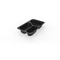 Η Duni GmbH 1/4 GN Menüsalen 3 Schwarz PP/MIN 265x162x45, ένα μαύρο πλαστικό διπλό μπολ με στρογγυλεμένες άκρες και ένα ελαφρύ χείλος, απεικονίζεται άδειο σε λευκό φόντο. Η συσκευασία περιέχει 225 τεμάχια.