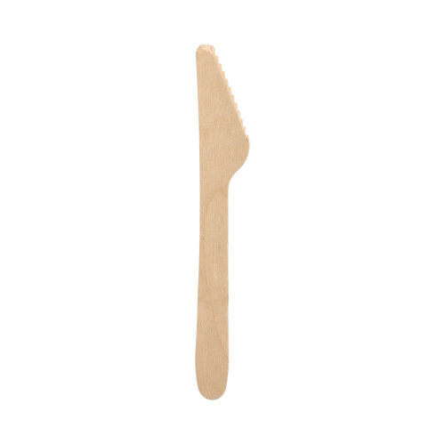 Ένα PAPSTAR ξύλινο μαχαίρι "pure" (16,5 cm), φιλικό προς το περιβάλλον και σταθερό, με οδοντωτή άκρη από την PAPSTAR GmbH - απεικονισμένο μεμονωμένα σε λευκό φόντο.