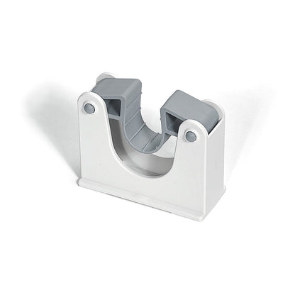 Η επαγγελματική βούρτσα Nölle HACCP σφιγκτήρας για ράγα συσκευών από την Nölle Profi Brush Buersten- & Pinseltechnik e.K. είναι μια λευκό-γκρι πλαστική βάση με κλιπ για τη συγκράτηση σωλήνων, ιδανική για περιοχές ευαίσθητες στην υγιεινή, απεικονιζόμενη σε λευκό φόντο.