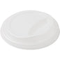 Ein weißer CPLA Deckel für 182574/182575 von Duni GmbH, biologisch abbaubar und umweltfreundlich, mit erhöhtem Rand und ovaler Trinköffnung, liegt auf weißem Hintergrund. Die Packung enthält 40 Stück.