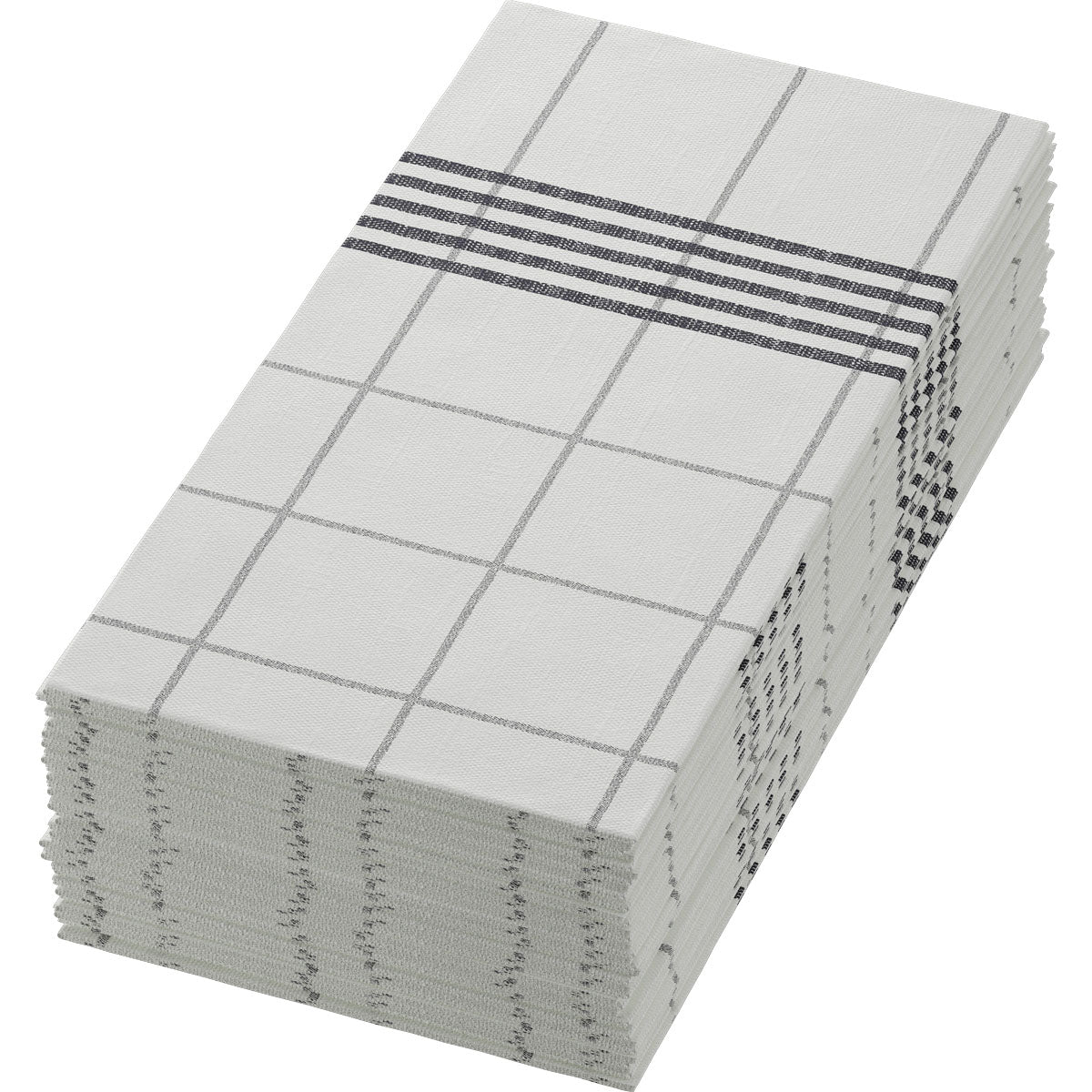 Μια στοίβα χαρτοπετσετών Dunisoft 48 x 48 cm 1/8 διπλωμένη πετσέτα της Duni GmbH σε λευκό, με μια καρό και ριγέ μαύρη γραμμή σε ένα άκρο, προσδίδει σε κάθε στρωμένο τραπέζι υψηλή κομψότητα και στυλ.