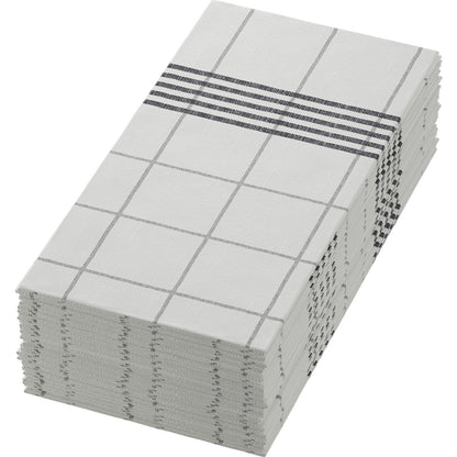 Μια στοίβα χαρτοπετσετών Dunisoft 48 x 48 cm 1/8 διπλωμένη πετσέτα της Duni GmbH σε λευκό, με μια καρό και ριγέ μαύρη γραμμή σε ένα άκρο, προσδίδει σε κάθε στρωμένο τραπέζι υψηλή κομψότητα και στυλ.