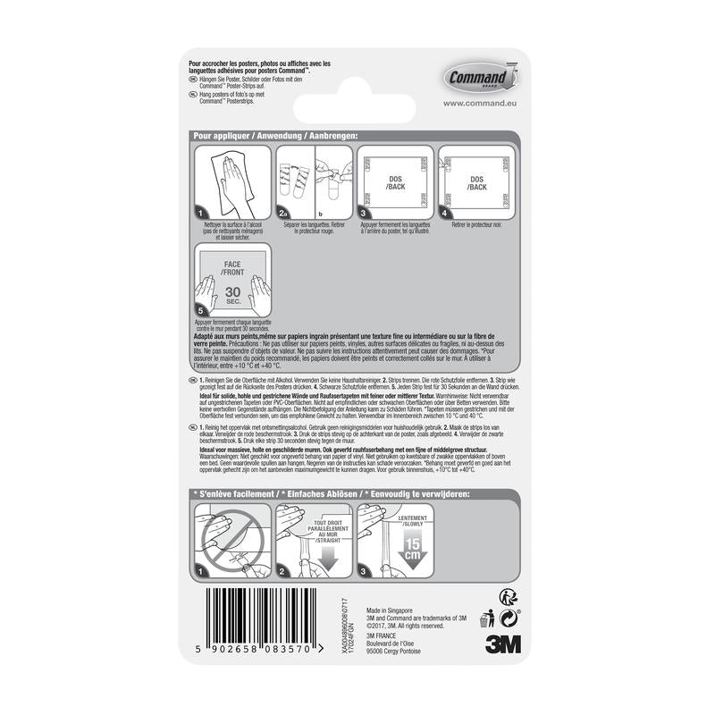 Η πίσω πλευρά μιας συσκευασίας Command™ Poster-Strips 17024 από την 3M Deutschland GmbH με εικονογραφημένες οδηγίες βήμα προς βήμα για στερέωση χωρίς υπολείμματα και τοποθέτηση αφισών σε πολλές γλώσσες, με διαγράμματα, γραμμωτό κώδικα και branding 3M κάτω δεξιά.