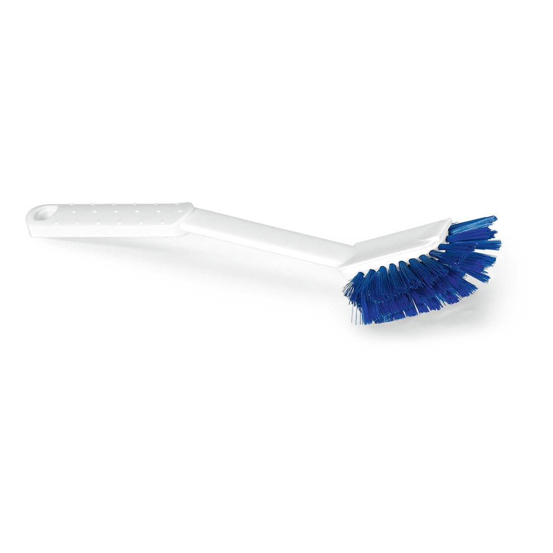 Η Nölle Profi Brush HACCP Spülbürste Diskette Borste 0,25 mm από την Nölle Profi Brush Bürsten- & Pinseltechnik e.K. είναι μια λευκή πλαστική βούρτσα καθαρισμού με μπλε τρίχες και μακρύ στέλεχος, που απεικονίζεται λοξά σε μονόχρωμο λευκό φόντο.