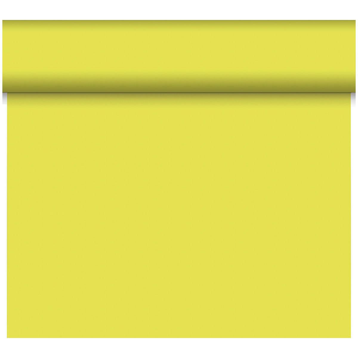 Der Dunicel-Tischläufer Tête-à-Tête 24 m x 0,4 m (20 Abschnitte) der Duni GmbH hat eine unifarbene hellgelbe, glatte und ungemusterte Oberfläche - ideal für eine stilvolle Tischdekoration oder ein Tête-à-Tête.