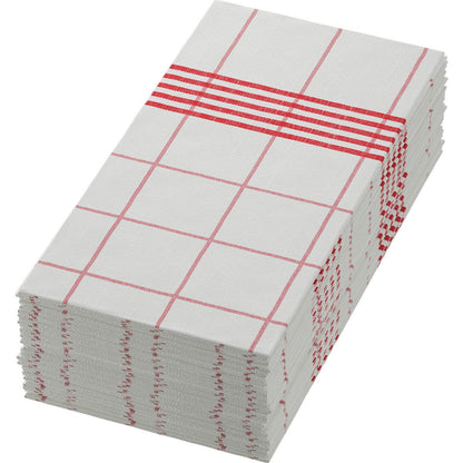 Προσεκτικά διπλωμένες χαρτοπετσέτες Dunisoft 48 x 48 cm 1/8 διπλωμένες πετσέτες της Duni GmbH με κόκκινο καρό μοτίβο και κόκκινες οριζόντιες ρίγες - ιδανικές για να προσδώσουν σε κάθε στρωμένο τραπέζι μια πινελιά υψηλής ποιότητας.