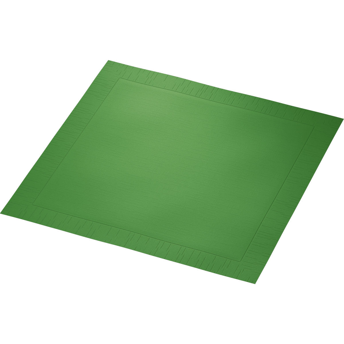 Η πετσέτα Duni GmbH Klassikservietten 40 x 40 cm 4 στρώσεων, ανάγλυφη 1/4 Falz είναι μια απλή, τετράγωνη πράσινη πετσέτα με διακριτικό μοτίβο άκρης, που βρίσκεται επίπεδη σε λευκό υπόβαθρο.