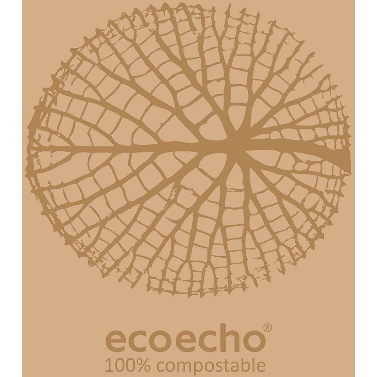 Ein stilisiertes, kreisrundes Blattskelett erscheint über dem Schriftzug "ecoecho 100% kompostierbar" auf beige und unterstreicht die biologisch abbaubaren und umweltfreundlichen Eigenschaften der Duni GmbH Zelltuchservietten 40x40 cm 2-lagig 1/8 Buchfalz Organic (300 Stück).