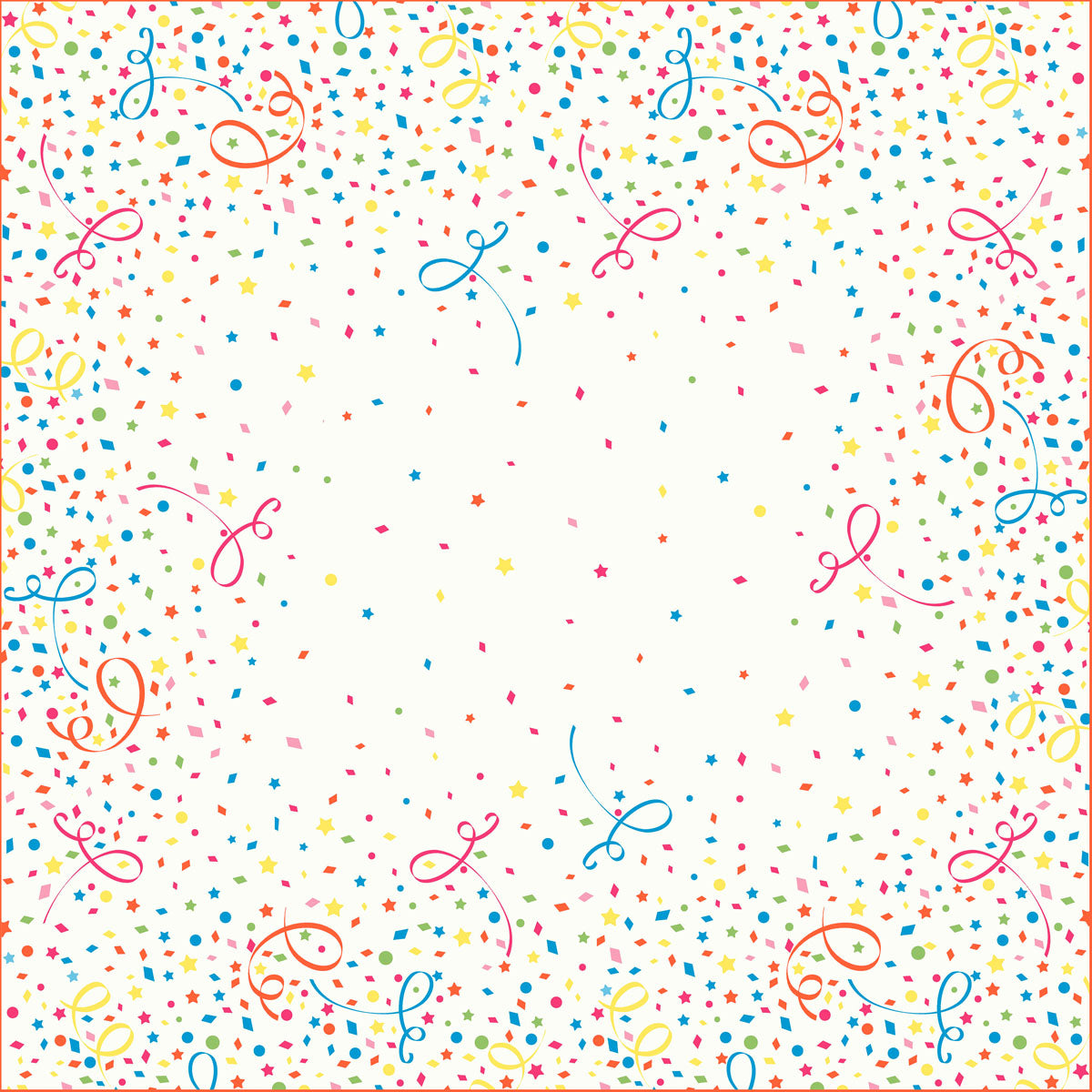 Der Auslaufartikel: Dunicel-Mitteldecken 84 x 84 cm Confetti von Duni GmbH zeigt eine lebendige Bordüre aus buntem Konfetti, Sternen und Wirbeln - ideal für die Tischdekoration mit Rot, Blau, Gelb, Grün und Orange auf strahlendem Weiß. Packung mit 20 Stück.