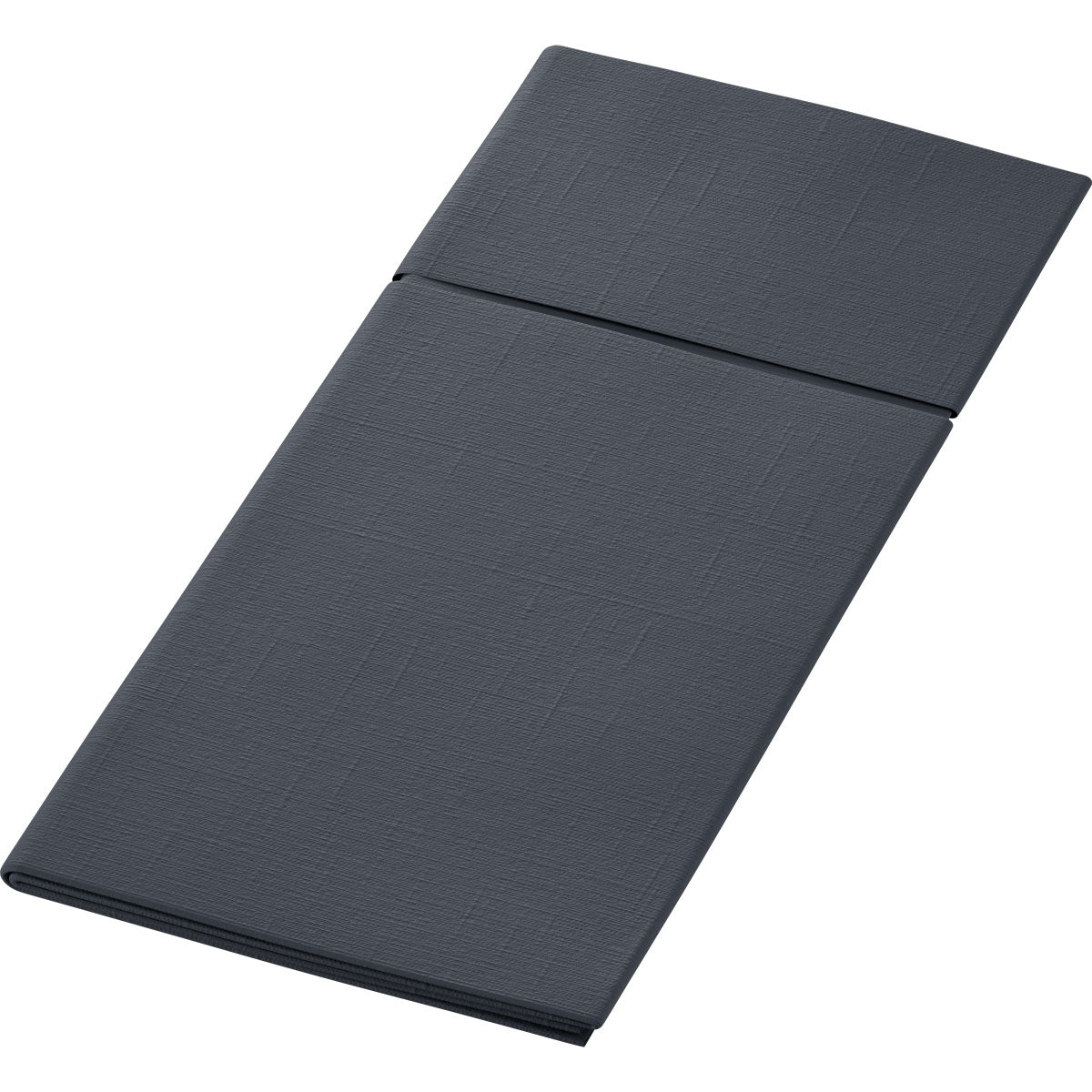 Ένα καθαρά διπλωμένο Duniletto 480 x 400 mm passepartout της Duni GmbH σε σκούρο γκρι με δομημένη επιφάνεια και ορατές πτυχές, απεικονισμένο σε απλό λευκό φόντο - η ιδανική θήκη για μαχαιροπίρουνα και κομψό αξεσουάρ τραπεζιού για κάθε στρωμένο τραπέζι.