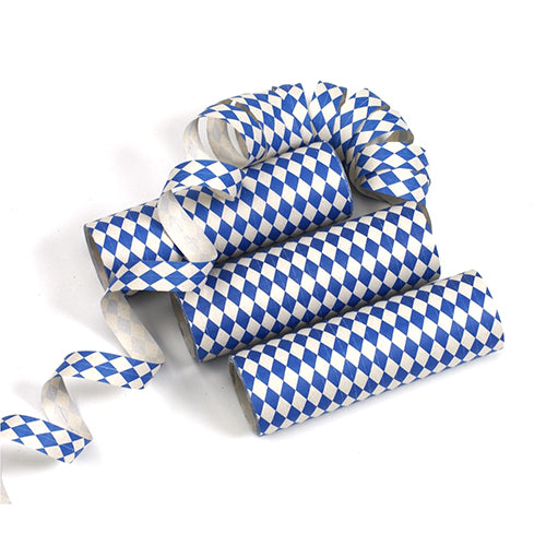 Τρεις σερπαντίνες (4 μ η καθεμία) της PAPSTAR GmbH με μπλε-λευκό μοτίβο ρόμβου είναι τοποθετημένες σε λευκή επιφάνεια, μία εκ των οποίων είναι μερικώς ξετυλιγμένη - ιδανική ως ποιοτική διακόσμηση για κάθε εορταστική περίσταση.