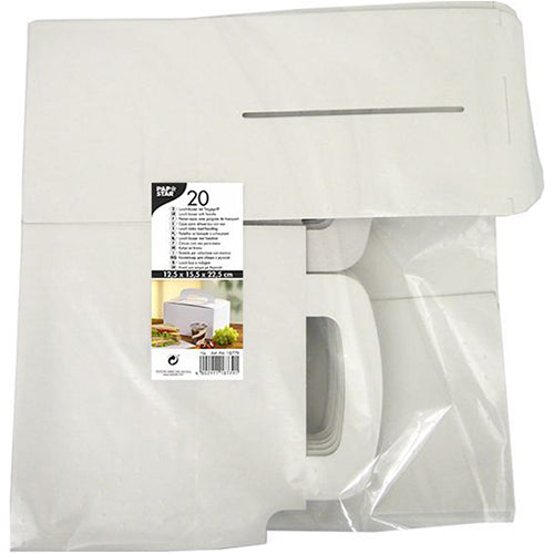 Μια διαφανής συσκευασία της PAPSTAR GmbH περιέχει 20 επίπεδα λευκά κουτιά μεσημεριανού "pure" από χαρτόνι (12,5 x 15,5 x 22,5 cm) με λαβή. Η ετικέτα δείχνει πληροφορίες προϊόντος, μια εικόνα συναρμολογημένου κουτιού και τονίζει το οικολογικό χαρτόνι.