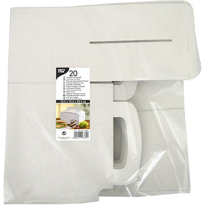 Μια διαφανής συσκευασία της PAPSTAR GmbH περιέχει 20 επίπεδα λευκά κουτιά μεσημεριανού "pure" από χαρτόνι (12,5 x 15,5 x 22,5 cm) με λαβή. Η ετικέτα δείχνει πληροφορίες προϊόντος, μια εικόνα συναρμολογημένου κουτιού και τονίζει το οικολογικό χαρτόνι.