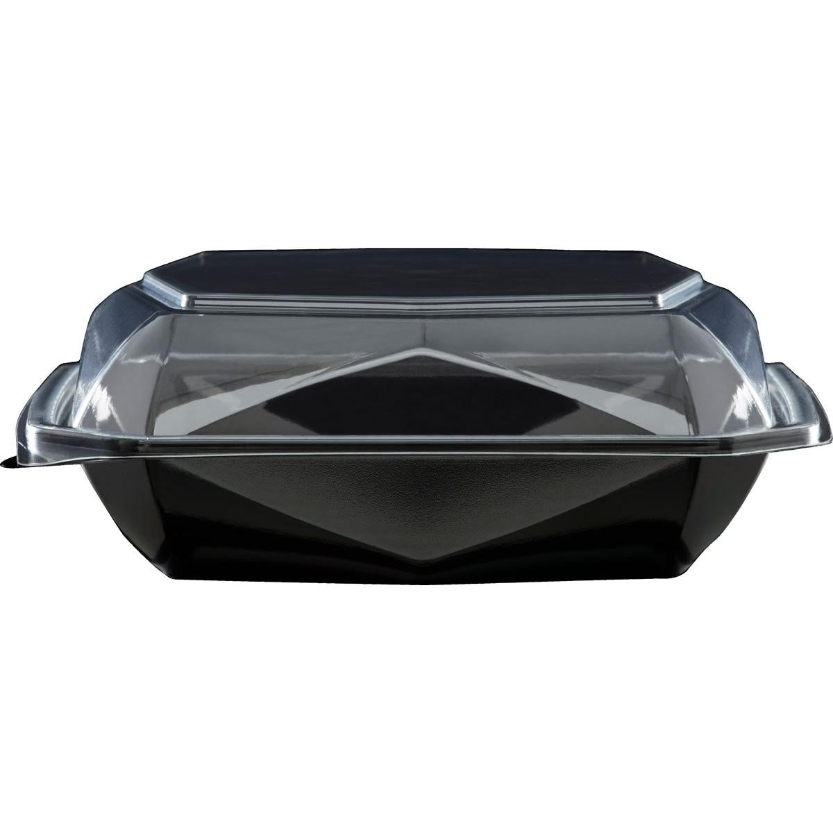 Απεικονίζεται ένα άδειο Octaview® M Schwarz / Transparent APET 185x185x70 δοχείο φαγητού της Duni GmbH με καθαρό καπάκι τοποθετημένο σε λευκό φόντο. Το ασφαλώς στερεωμένο καπάκι υπογραμμίζει τη χρήση του ως συσκευασία τροφίμων.