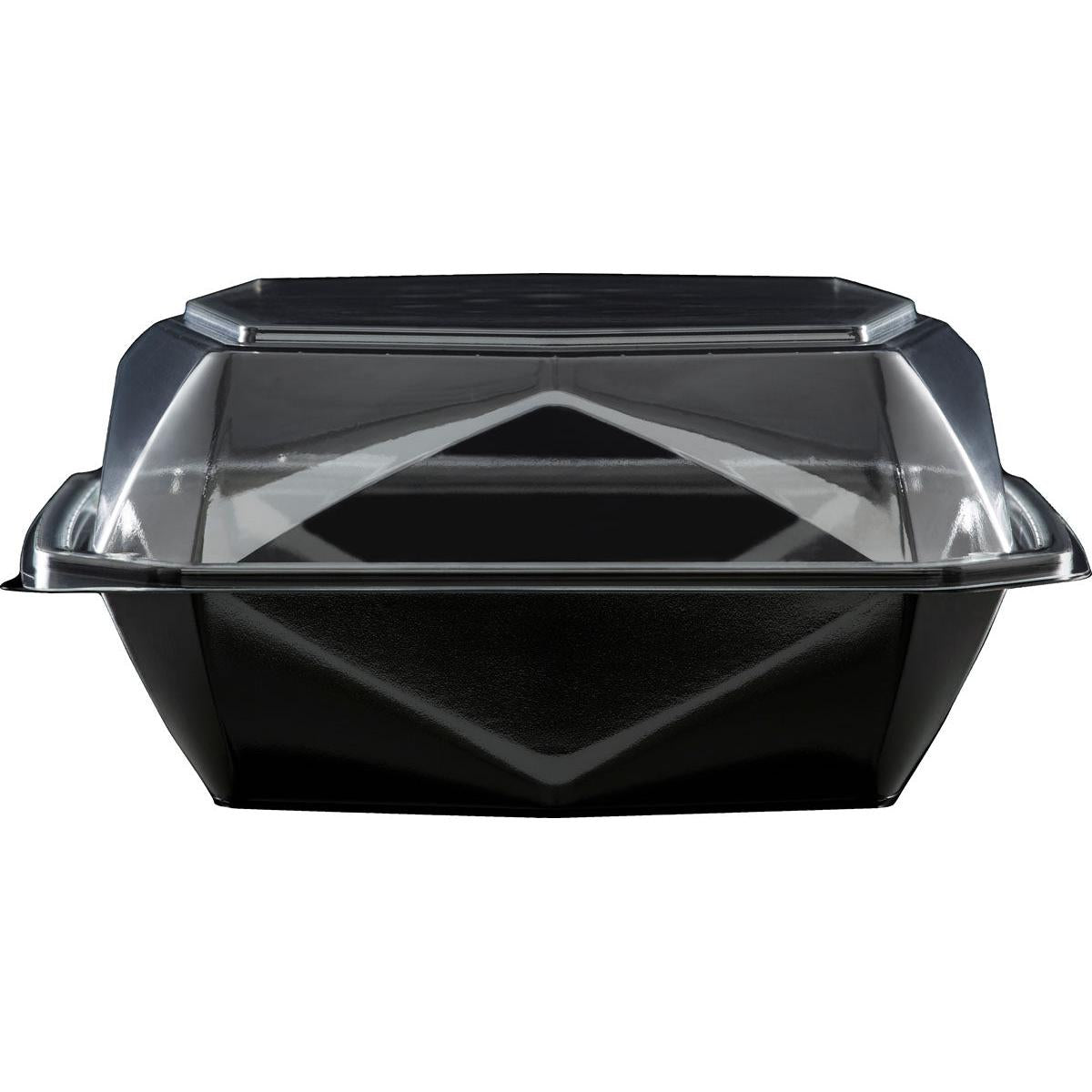 Το Octaview® M+ Μαύρο/Διαφανές APET 185x185x90 δοχείο φαγητού της Duni GmbH είναι κλειστό, όπως φαίνεται από μπροστά, σε λευκό φόντο - μια ιδανική διαφανής λύση συσκευασίας για την παρουσίαση τροφίμων.