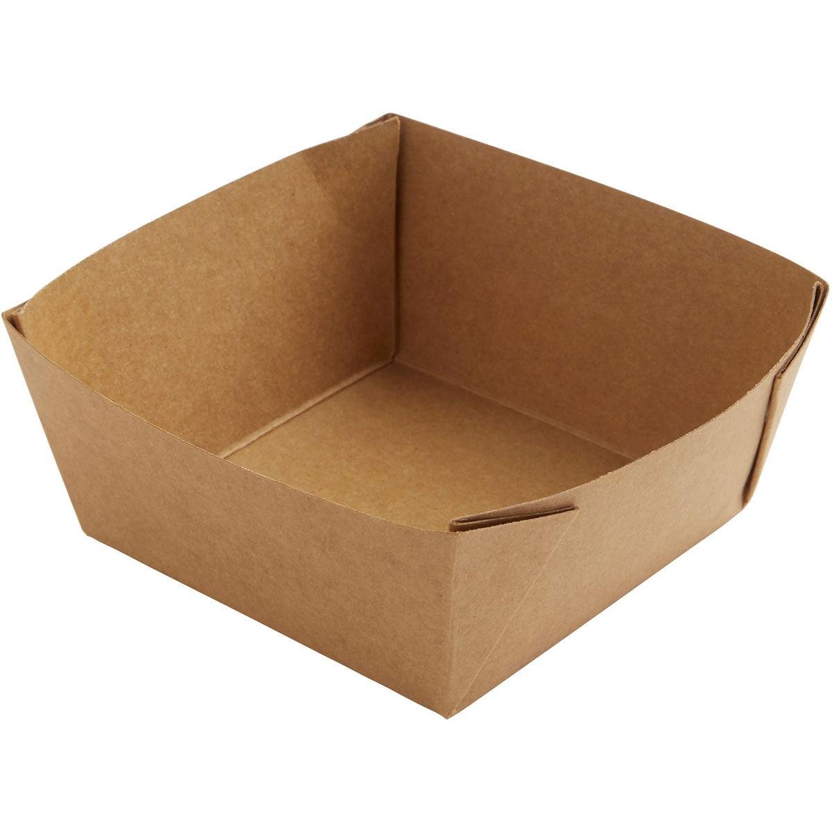 Ένα φιλικό προς το περιβάλλον Duni GmbH Viking Cube Low Box, Καφέ Χαρτόνι/PE, 113x113x50 mm Δοχείο τροφίμων (Συσκευασία 300 τεμαχίων), με αναδιπλωμένες γωνίες, απεικονισμένο λοξά από πάνω - ιδανικό ως βιώσιμη λύση συσκευασίας.