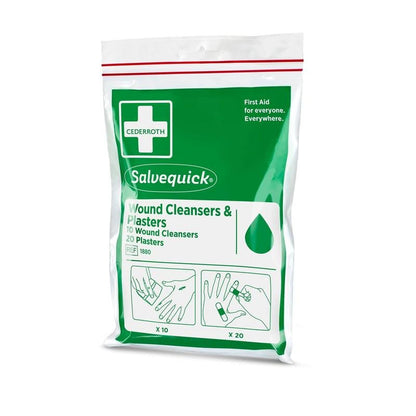 Ένα σφραγισμένο σετ Orkla Wound Care AB με καθαριστικά πληγών Salvequick (10 τεμάχια) και επιθέματα (20 τεμάχια) σε σακουλάκι με φερμουάρ - ιδανικό για το δρόμο, με εικονογραφημένες οδηγίες χρήσης στη συσκευασία.