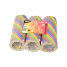 Τρεις ρολά PAPSTAR 3 γιγάντιες σερπαντίνες (15 μ, ανθεκτικές στη φωτιά) της PAPSTAR GmbH, με πολύχρωμες λοξές ρίγες και πλαστική συσκευασία με πορτοκαλί ετικέτα - ιδανικές για διακόσμηση πάρτι.