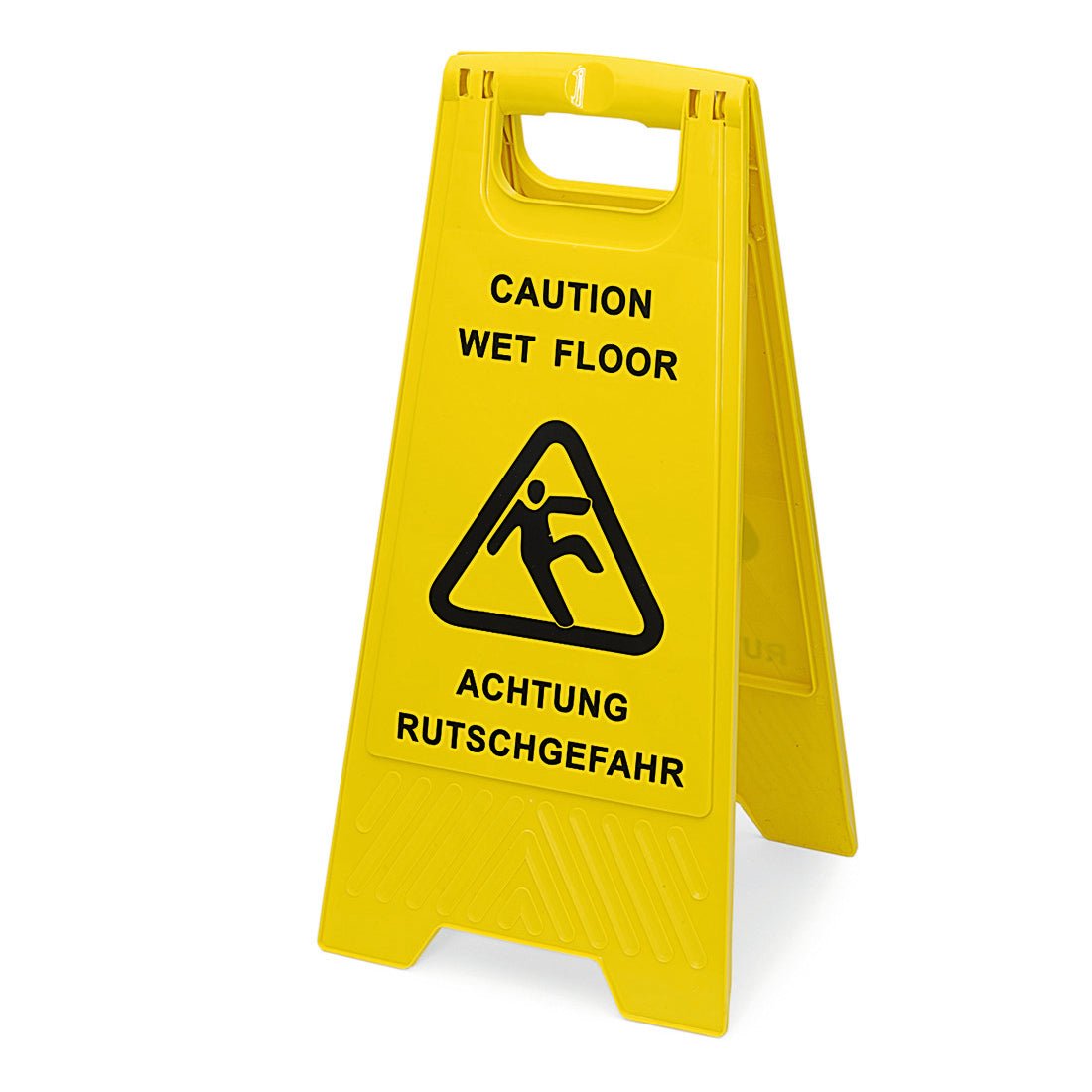 Ένα κίτρινο προειδοποιητικό σήμα "Κίνδυνος Ολίσθησης" (30x63 cm, διπλής όψης) από την Nölle Profi Brush Bürsten- & Pinseltechnik e.K. με μαύρα γράμματα και ένα σύμβολο ολισθαίνοντος ατόμου είναι ανοιχτό στο έδαφος.