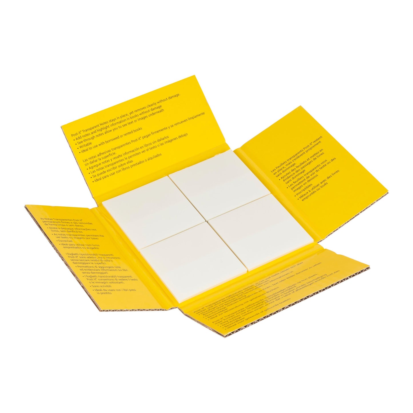 Eine aufgeschlagene gelbe, rechteckige Mappe der 3M Deutschland GmbH zeigt vier weiße Blöcke Post-it® Transparent Notes (73 mm x 73 mm, 36 Blatt/Block, 12 Blöcke/Packung) mit schwarzer Anleitung im Inneren. Der Hintergrund ist weiß.