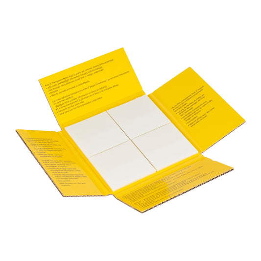 Eine aufgeschlagene gelbe, rechteckige Mappe der 3M Deutschland GmbH zeigt vier weiße Blöcke Post-it® Transparent Notes (73 mm x 73 mm, 36 Blatt/Block, 12 Blöcke/Packung) mit schwarzer Anleitung im Inneren. Der Hintergrund ist weiß.