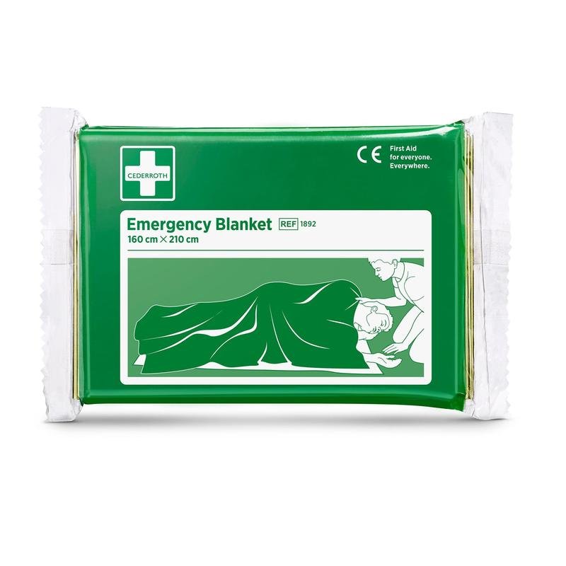 Η κουβέρτα πρώτων βοηθειών Cederroth | Συσκευασία (1 τεμάχιο) της Orkla Wound Care AB φέρει πράσινη και λευκή επιγραφή με εικονογράφηση και έχει διαστάσεις 160 x 210 εκ. – ιδανική για τον εξοπλισμό πρώτων βοηθειών σας.