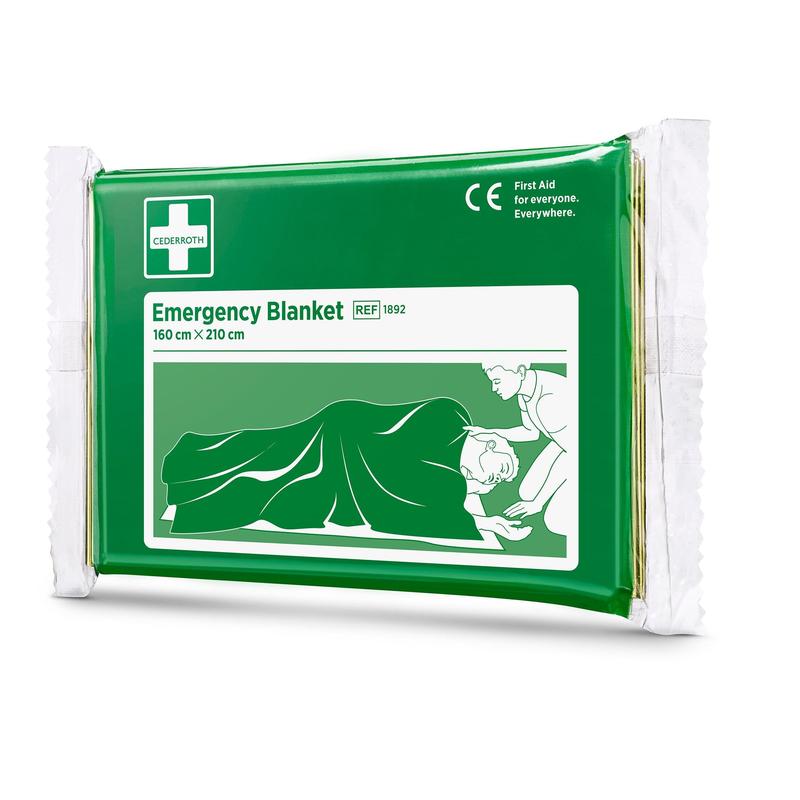 Μια κουβέρτα πρώτων βοηθειών Cederroth (1 τεμ.) της Orkla Wound Care AB, σε πράσινη και λευκή συσκευασία, διαστάσεων 160 x 210 εκ., με την εικόνα ενός ατόμου που καλύπτει ένα άλλο – απαραίτητο για κάθε κιτ πρώτων βοηθειών.
