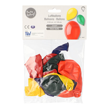 Μια διαφανής συσκευασία της PAPSTAR GmbH με την επιγραφή «PAPSTAR 10 μπαλόνια Ø 25 cm σε διάφορα χρώματα» περιέχει ταξινομημένα, μη φουσκωμένα μπαλόνια σε χρώματα κόκκινο, κίτρινο, πράσινο και μπλε με μια πολυγλωσσική ετικέτα προϊόντος με εικόνες μπαλονιών.