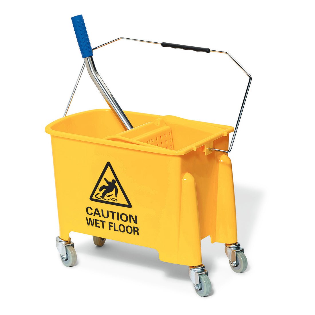 Το Nölle Profi Brush Reinigungswagen, 15 Liter von Nölle Profi Brush Bürsten- & Pinseltechnik e.K., είναι ένα κίτρινο καρότσι με ρόδες, λαβή και στυπτήρα-συμπεριλαμβανομένου του σήματος "Caution Wet Floor", ιδανικό για τον επαγγελματικό καθαρισμό.