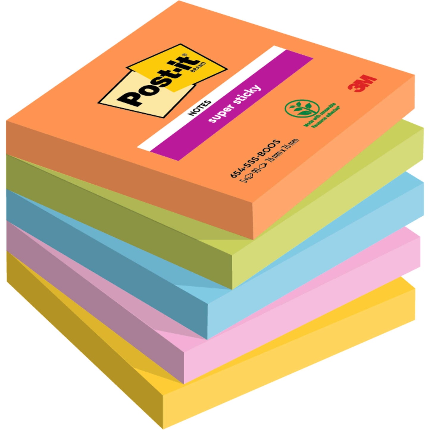 Μια στοίβα έξι Post-it® Super Sticky Notes μεγέθους 76x76 mm, 90 φύλλα ανά μπλοκ, σε χρώματα πορτοκαλί, πράσινο, μπλε, κίτρινο, ροζ και μωβ από την 3M Deutschland GmbH. Κάθε μπλοκ είναι 100% πιστοποιημένο από το PEFC.