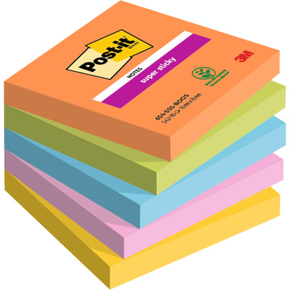 Μια στοίβα έξι Post-it® Super Sticky Notes μεγέθους 76x76 mm, 90 φύλλα ανά μπλοκ, σε χρώματα πορτοκαλί, πράσινο, μπλε, κίτρινο, ροζ και μωβ από την 3M Deutschland GmbH. Κάθε μπλοκ είναι 100% πιστοποιημένο από το PEFC.